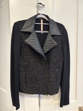 Bailey 44 Black Quilted Collar Tweed Moto Jacket. Size S